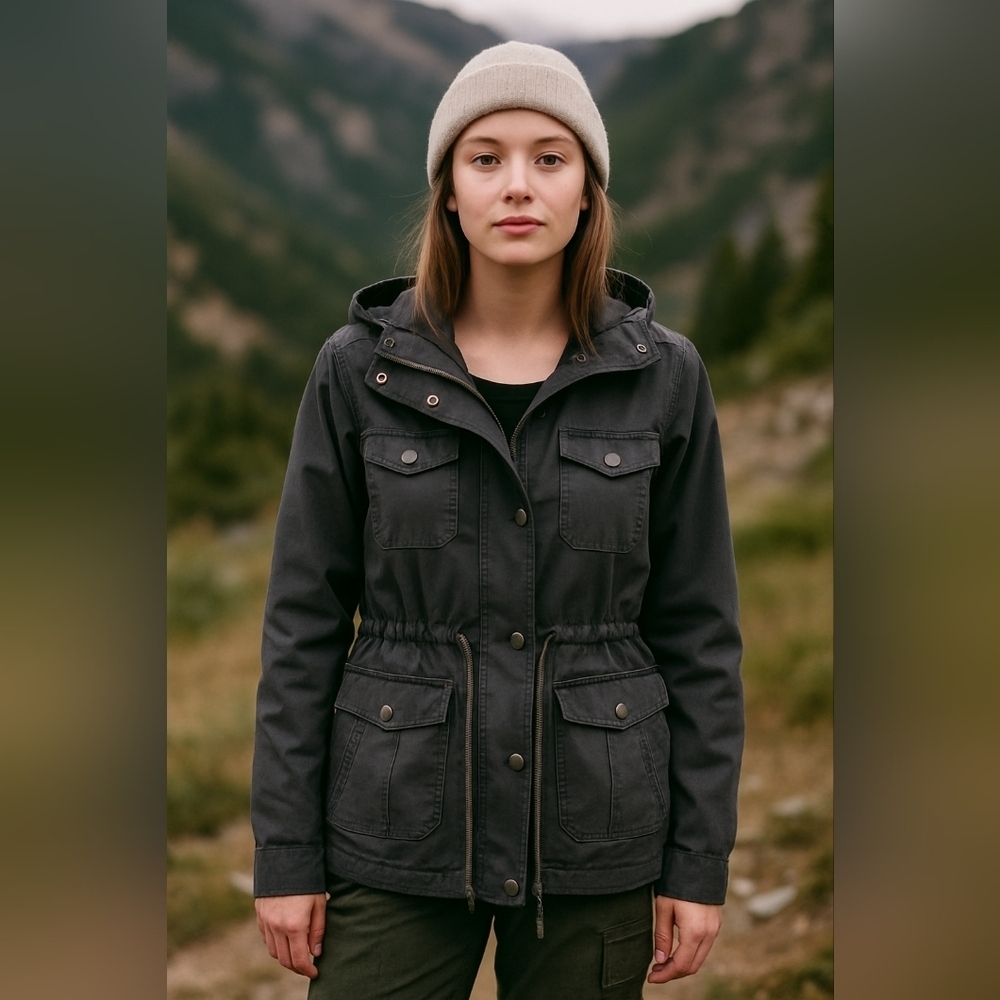 Essenza Utility Jacket Women’s M Black Hooded Drawstring Waist Cotton Cargo